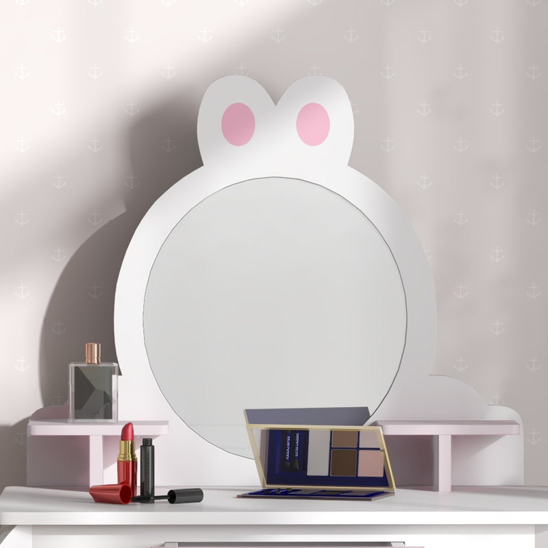 Bunny-Design Kids Dressing Table, with Mirror and Stool - White and Pink