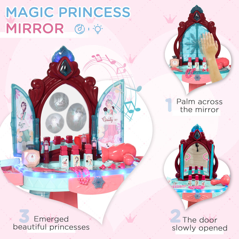31 PCS Kids Dressing Table Set with Magic Princess Mirror, Musical Pretend Toy W/ Beauty Kit Mirror Light & Music, for 3-6 Years Old Blue+Pink