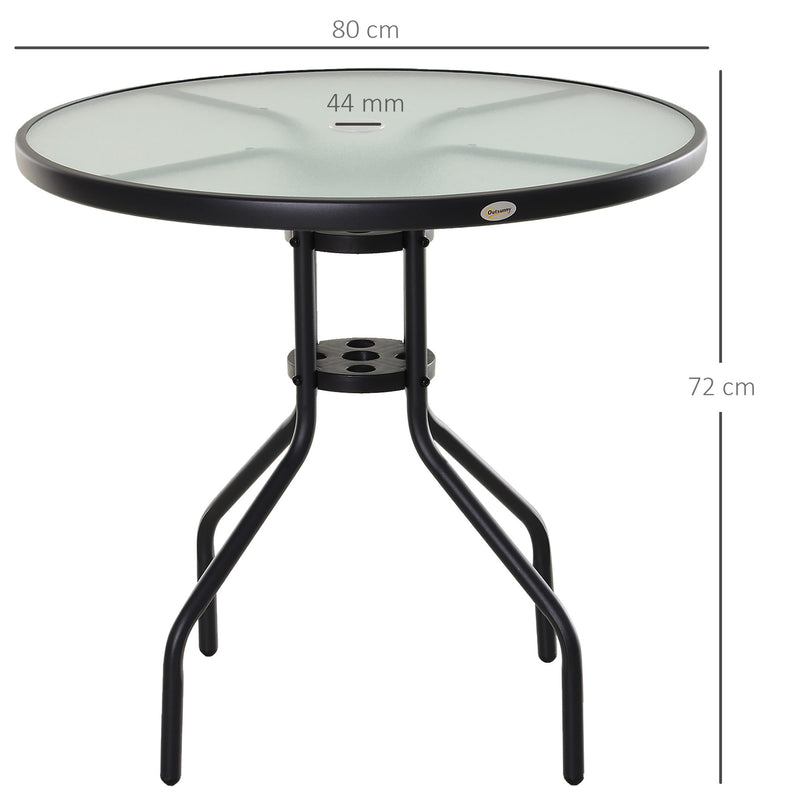 Garden Table Outdoor Round Dining Coffee Table with Parasol Hole, Tempered Glass Top Side Table - 80cm Diameter