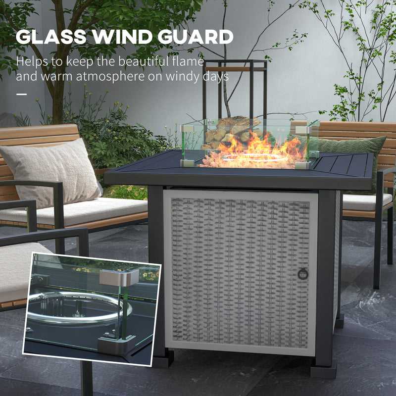 Square Gas Fire Pit Table, Rattan Smokeless Fire Pit with Glass Screen and Beads, Lid, 50000 BTU, 81x81x64cm, Grey