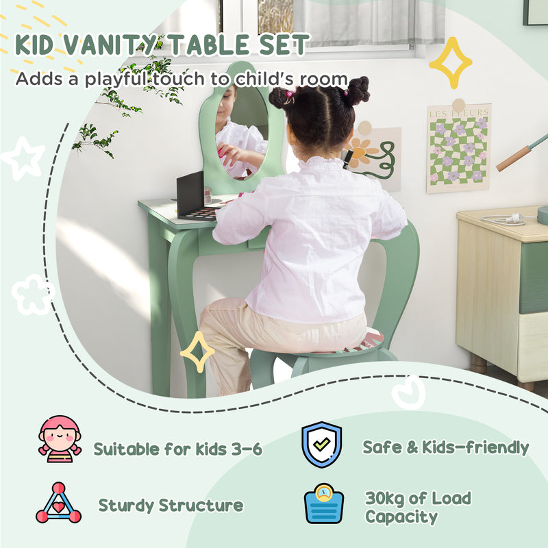Kids Bedroom Furniture Set Includes Bed Frame, Kids Toy Chest, Dressing Table with Mirror and Stoolfor Ages 3-6 Years, Green