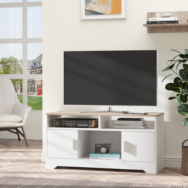 TV Stand for TVs up to 42 Inches with Cabinets, Shelves and Wide Tabletop for Living Room, Bedroom, Dining Room, White and Wood Color