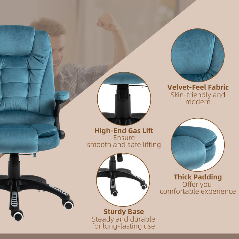 Massage Recliner Chair Heated Office Chair with Six Massage Points Velvet-Feel Fabric 360° Swivel Wheels Blue