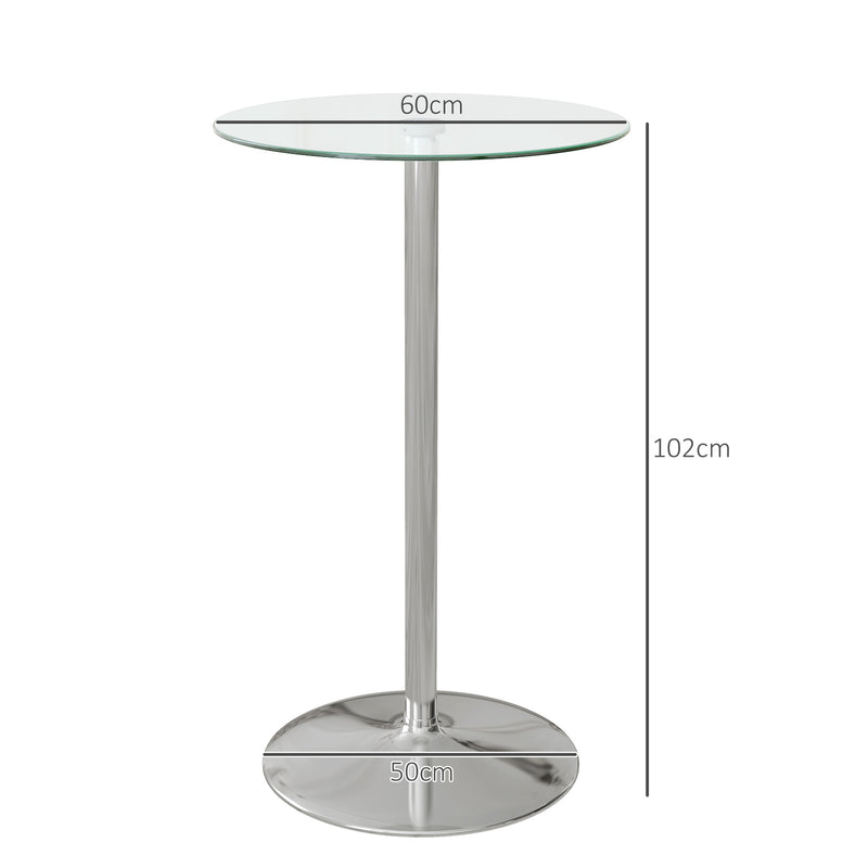 High Top Bar Table, Round Kitchen Table with Tempered Glass Top and Steel Base, Bistro Table for 2 People, Clear