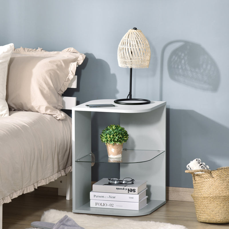 Modern Side Table Three Layer Bedside Table Nightstand with 2 Storage Shelves, for Living room, Bedroom, Grey