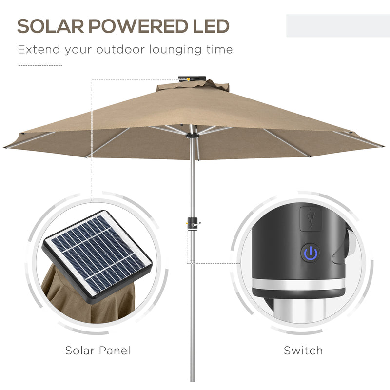 LED Patio Umbrella, Lighted Deck Umbrella with 4 Lighting Modes, Solar & USB Charging, Khaki