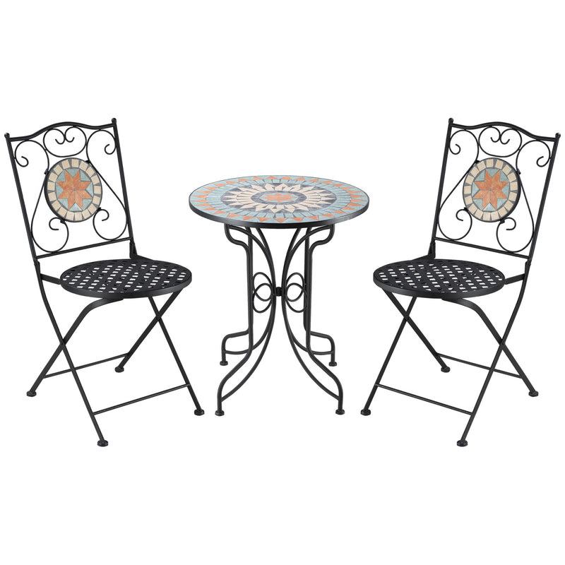 3 Piece Garden Bistro Set, Folding Patio Chairs and Mosaic Round Tabletop for Outdoor, Metal, Balcony, Poolside, Light Blue