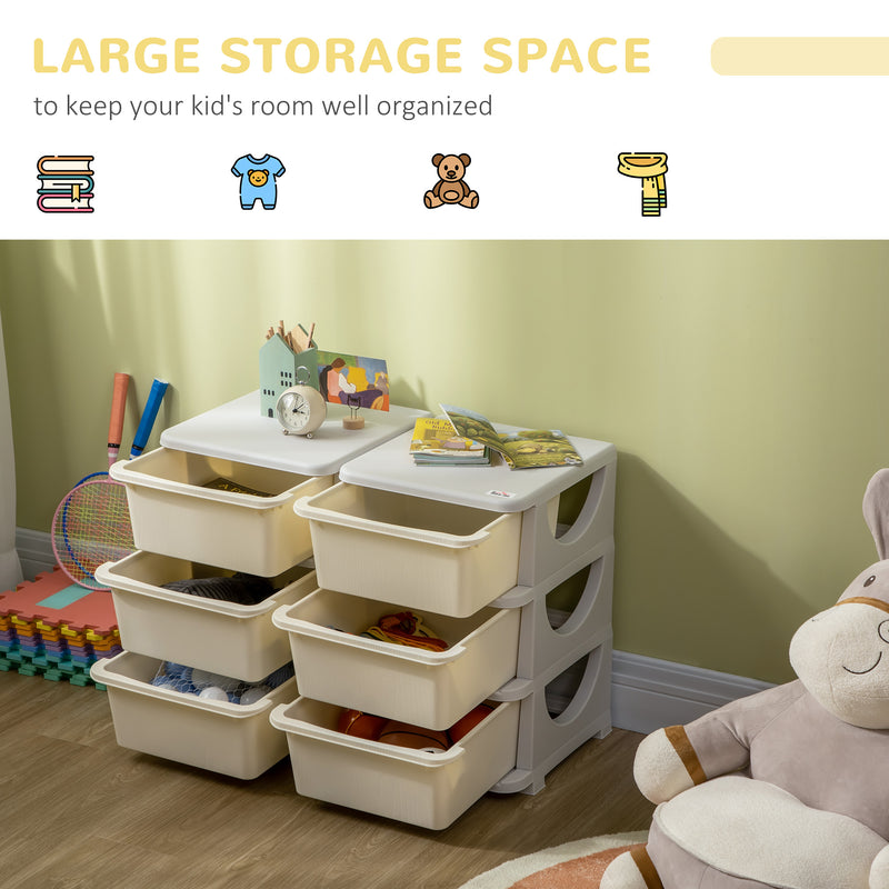 Kids Storage Units with 6 Drawers, 3 Tier Kids Toy Storage Organizer, Vertical Dresser Tower for Nursery Playroom Kindergarten, Cream