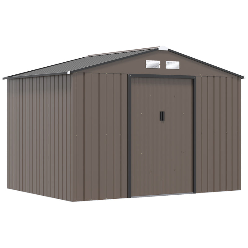 9 x 6FT Garden Metal Storage Shed Outdoor Storage Shed with Foundation Ventilation & Doors, Brown