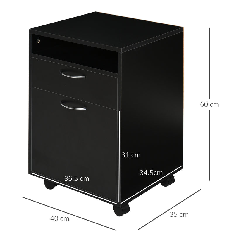 60cm Storage Cabinet w/ Drawer Open Shelf Metal Handles 4 Wheels Office Home Organiser Mobile Printer Black