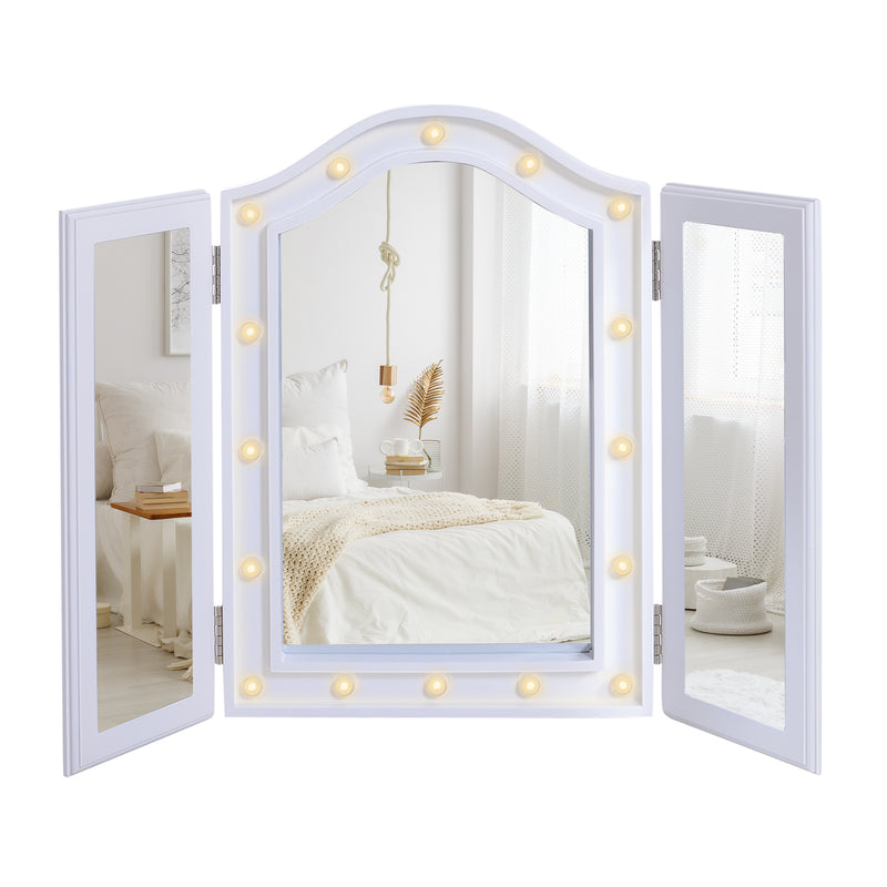 Trifold Freestanding Mirror, Lighted Tabletop Vanity Mirror Large Cosmetic w/16 LED Lights powered by batteries Foldable For Bedroom- White
