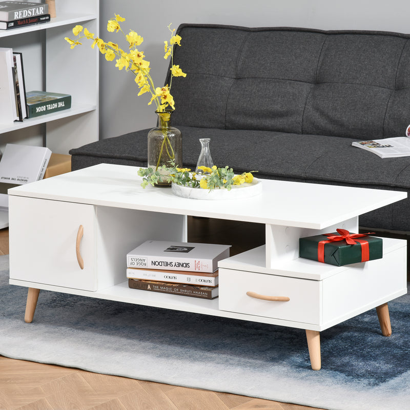 Modern Minimalism Coffee Table with Storage, Sofa Side Table with Shelf & Drawer for Living Room Reception Room, White