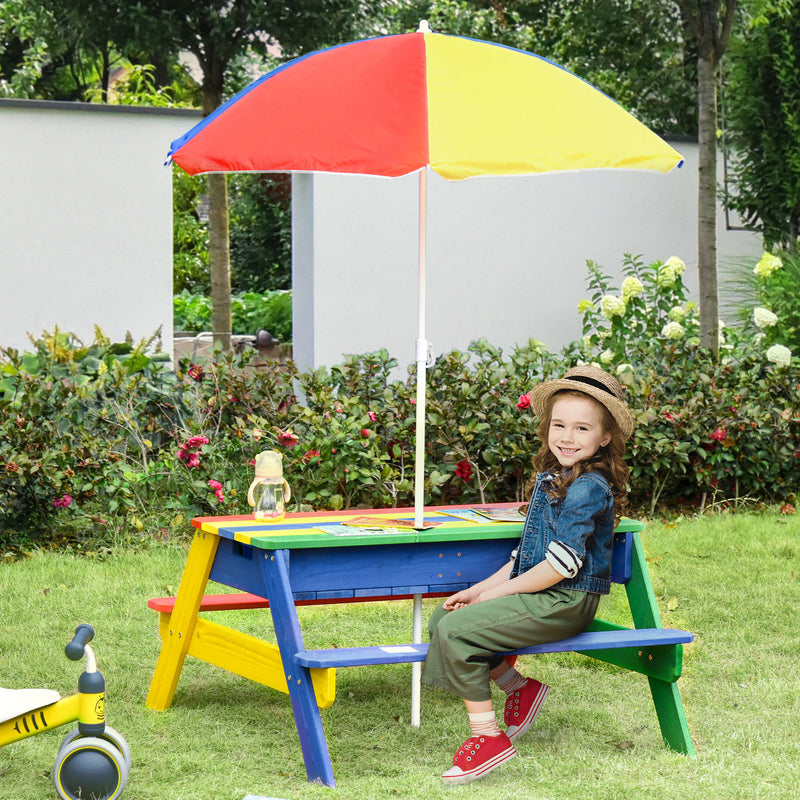 Kids Picnic Table Set Wooden Bench Rainbow with Sandbox Removable & Height Adjustable Parasol Outdoor Garden Patio Backyard Beach