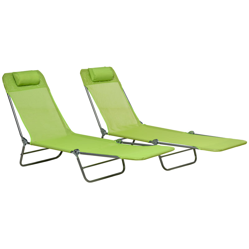 Folding Sun Lounger Set of 2, Outdoor Day Beds with Pillow, Reclining Back, Steel Frame and Breathable Mesh for Beach, Yard, Patio, Green