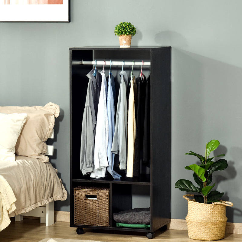 Open Wardrobe with Hanging Rod and Storage Shelves Mobile Garment Rack on Wheels Bedroom, Cloakroom, Black