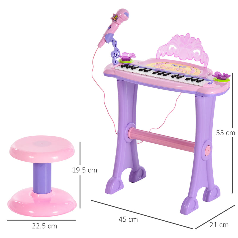 Mini Electronic Organ Piano W/Microphone and Stool-Purple/Pink