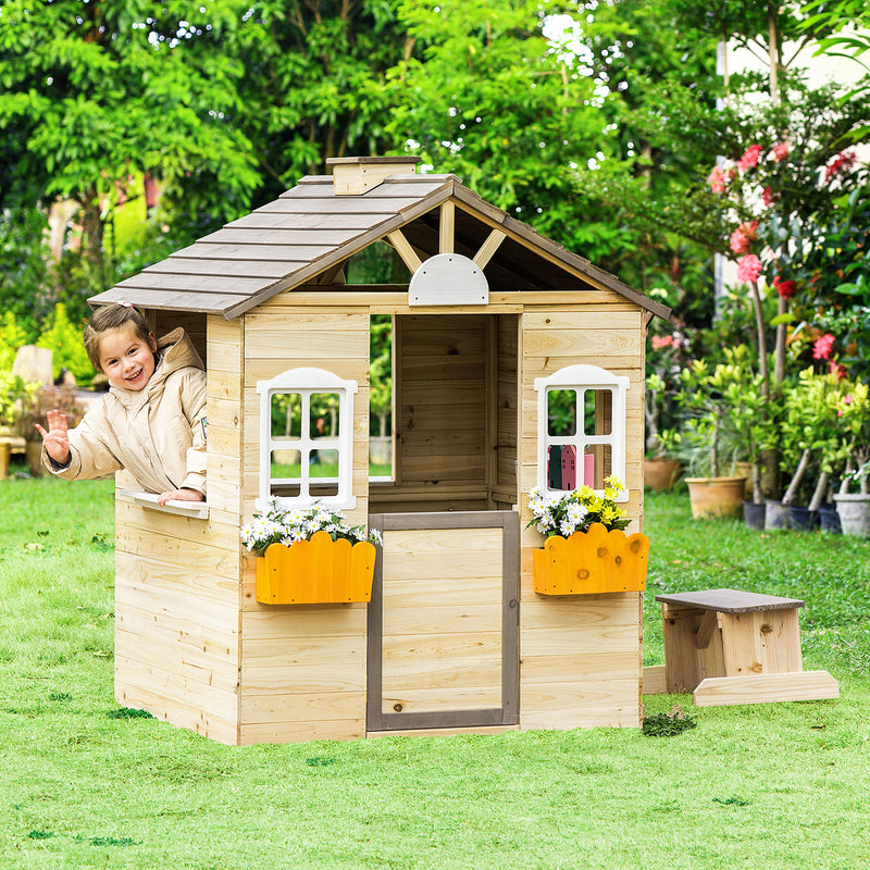 Wooden Kids Playhouse, Outdoor Garden Games Cottage with Working Door, Windows, Bench, Service Station, Flowers Pot Holder for 3-7 Years Old