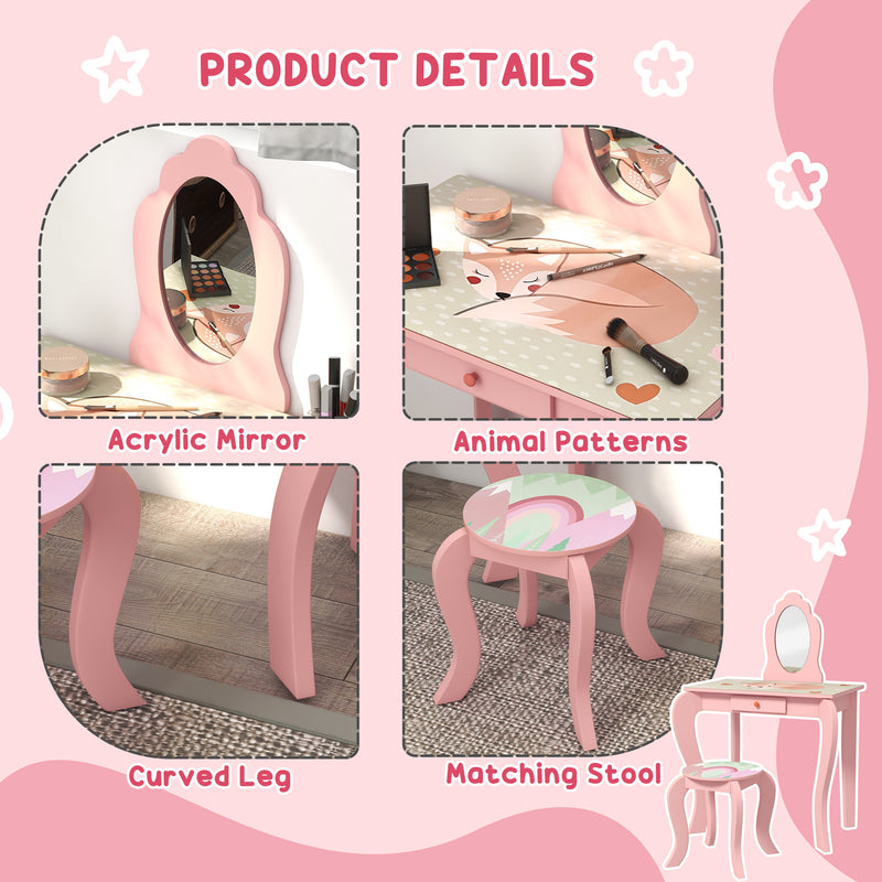 Kids Dressing Table with Mirror and Stool, Girls Vanity Table Makeup Desk with Drawer, Cute Animal Design, for 3-6 Years - Pink