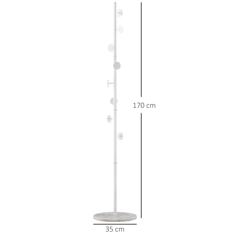 Coat Rack Free Standing Hall Tree with 8 Round Disc Hooks for Clothes, Hats,Purses, Steel Entryway Coat Stand w/ Marble Base White