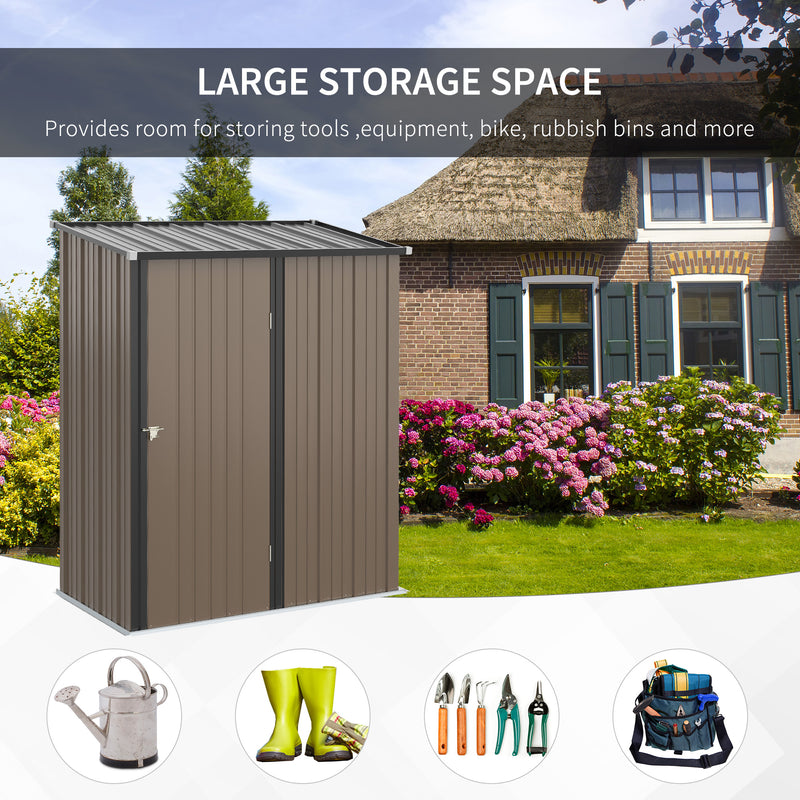 5 x 3 ft Metal Garden Storage Shed Patio Corrugated Steel Roofed Tool Shed with Single Lockable Door, Brown