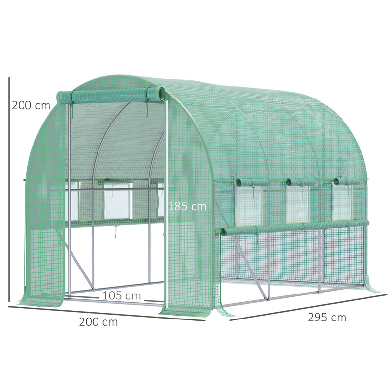 Walk In Greenhouse, Garden Polytunnel with PE Cover, Zipped Roll Up Door and 6 Mesh Windows, 3x2x2m, Green
