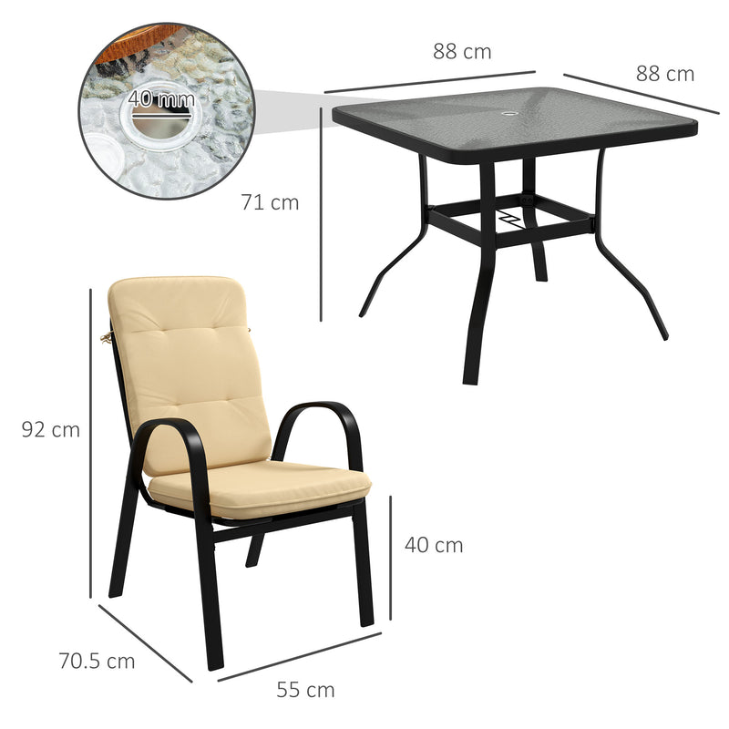 5 Pieces Outdoor Square Garden Dining Set w/ Tempered Glass Dining Table 4 Cushioned Armchairs, Umbrella Hole, Beige