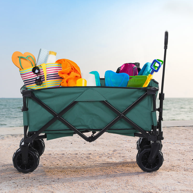 Outdoor Pull Along Cart Folding Cargo Wagon Trailer Trolley for Beach Garden Use with Telescopic Handle, Anti-Slip Wheel - Green