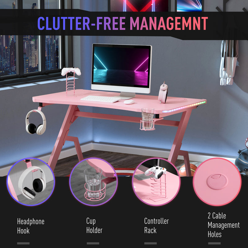 Gaming Desk Racing Style Home Office Ergonomic Computer Table Workstation with RGB LED Lights, Controller Rack & Cable Management, Pink