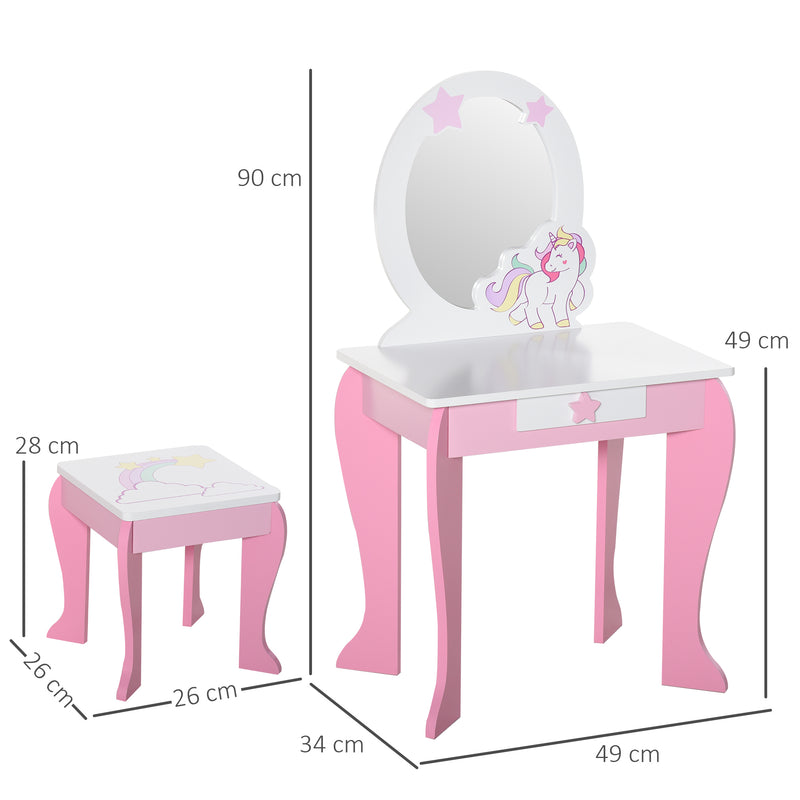 Girls Dressing Table w/ Mirror & Stool, Kids Dressing Table, Unicorn Pretend Play Toy for Toddles Age 3-6 Years, Acrylic Mirror, Pink & White