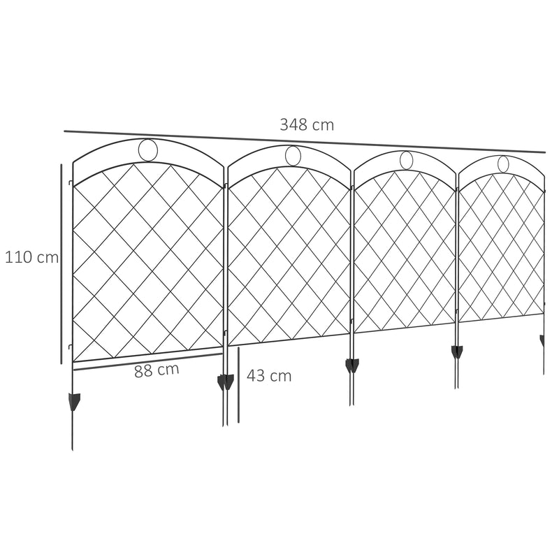Steel Decorative Outdoor Picket Fence Panels Set of 4, Black
