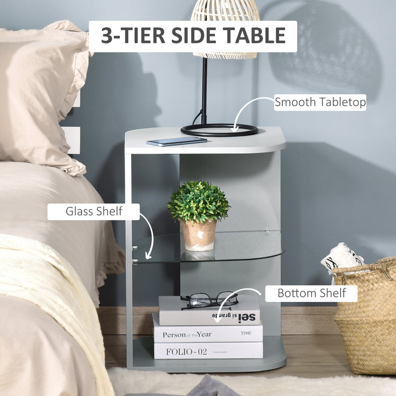 Modern Side Table Three Layer Bedside Table Nightstand with 2 Storage Shelves, for Living room, Bedroom, Grey