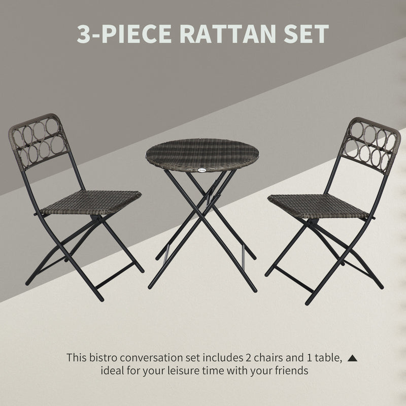 3 PCS Rattan Wicker Bistro Set with Easy Folding, Hand Woven Rattan Coffee Table and Chairs for Outdoor Lawn, Pool, Balcony & Garden, Grey