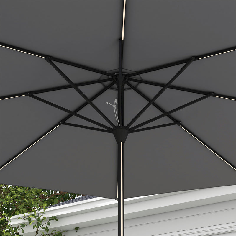 Garden Parasol with LED Lights, Solar Charged Patio Umbrella with Crank Handle, for Outdoor, Charcoal Grey