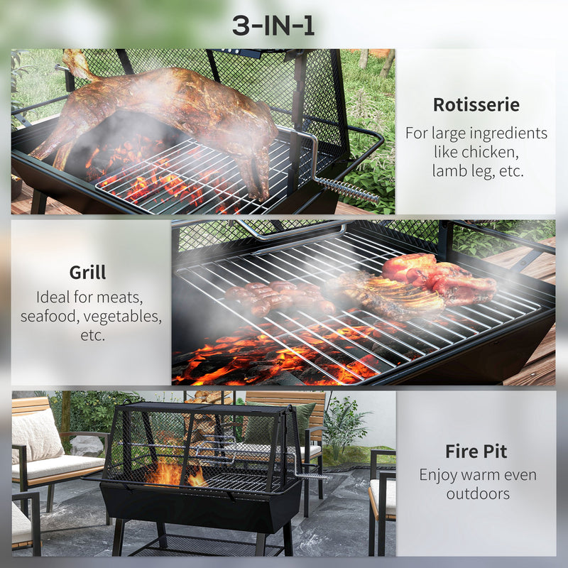 3-in-1 Charcoal Barbecue Grill, Rotisserie Roaster, Fire Pit with Storage Shelf and Mesh Lid