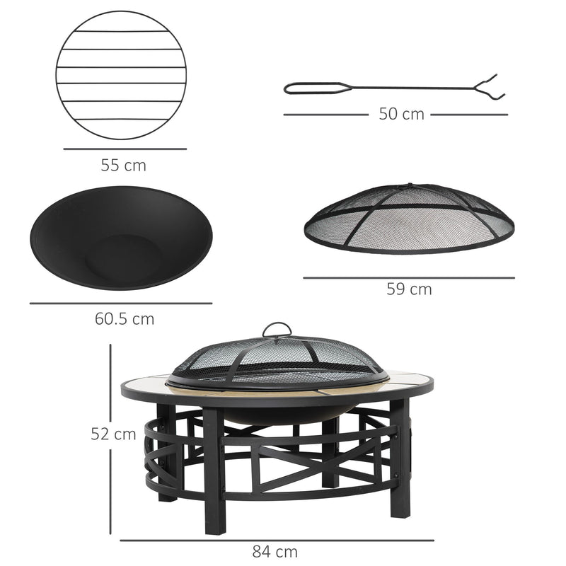 Metal Large Fire Pit, Outdoor Firepit Bowl with Grill, Spark Screen Cover, Fire Poker for Garden, Bonfire, Patio, 84 x 84 x 52cm, Black