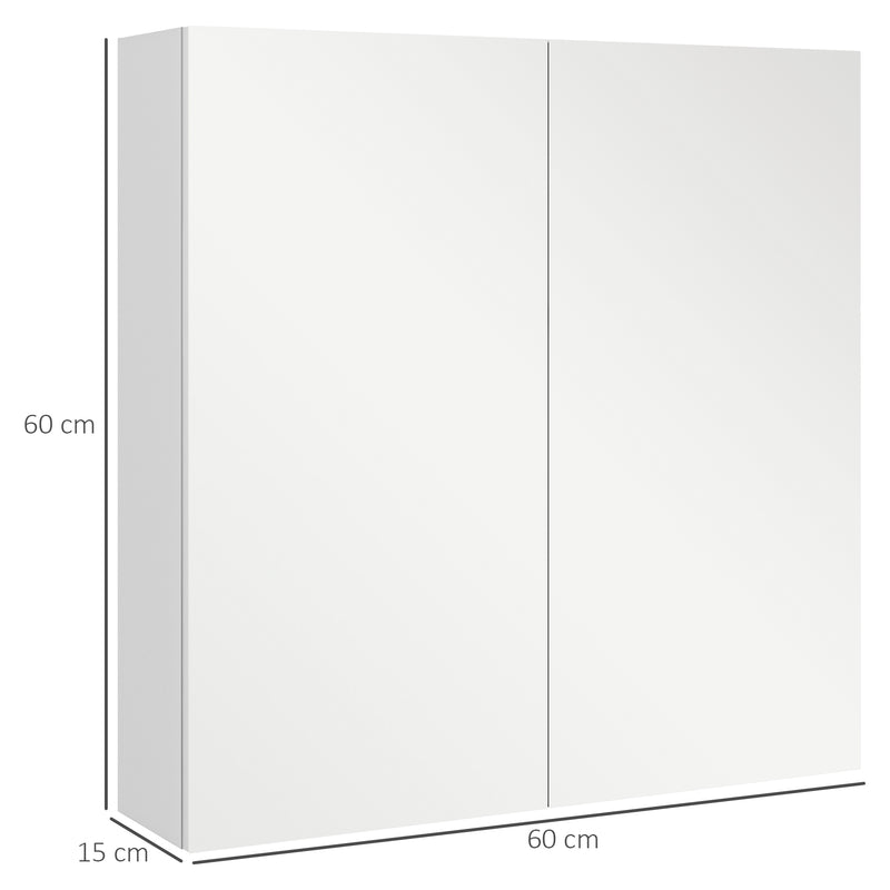 Double Door Mirror Cabinet, Wall Mounted Bathroom Storage Cupboard with Adjustable Shelf, 60W x 15D x 60Hcm, High Gloss White