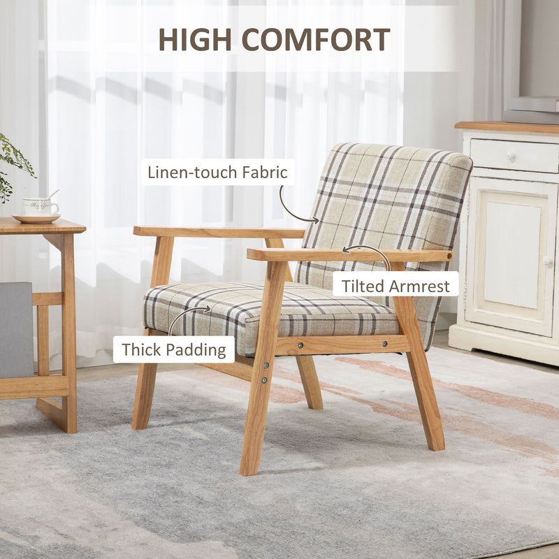 Modern Accent Chairs with Cushioned Seat, Upholstered Linen-Feel Armchair for Bedroom, Living Room Chair with Arms and Wood Legs, Beige