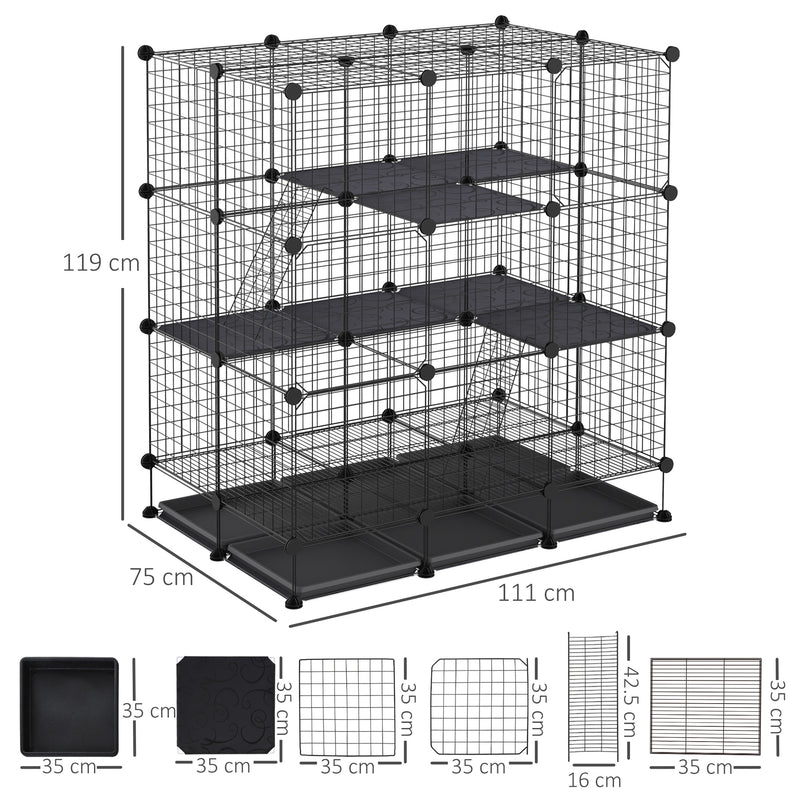 3 Level DIY Pet Playpen Metal Small Animal Cage Guinea Pig Rabbit Ferret Chinchillas Cage 4 Doors Bottom Trays Black
