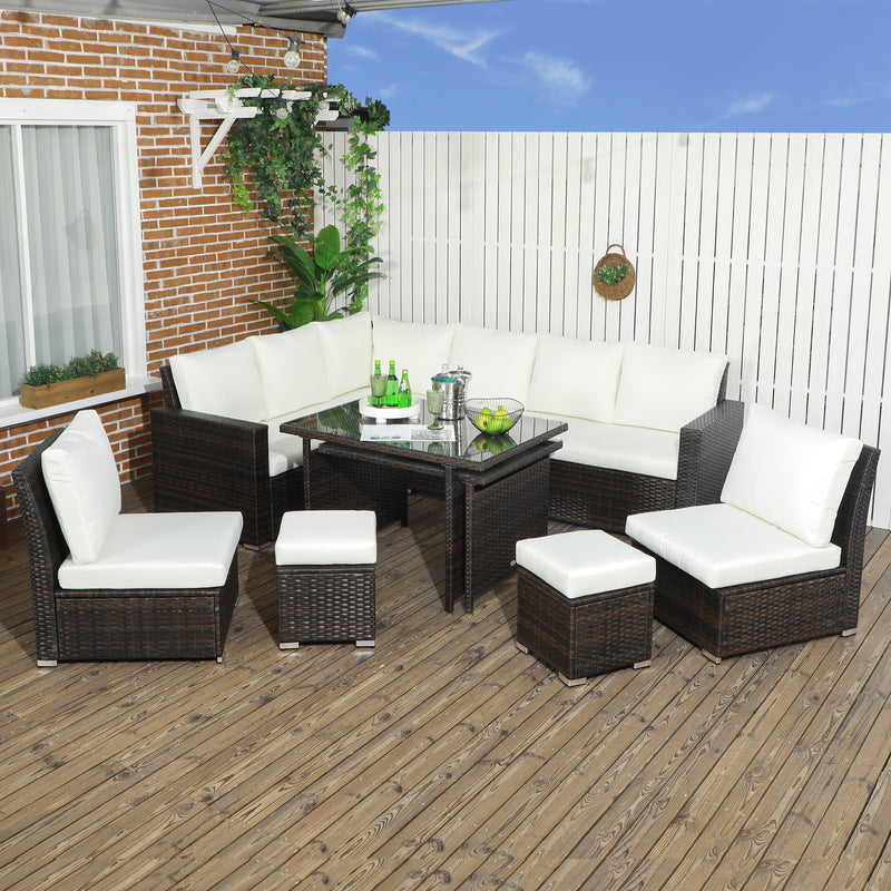 7 Piece Rattan Garden Furniture Set with Cushioned Sofa Seat, Footstools and Expandable Glass Table, 10-Seater, Cream