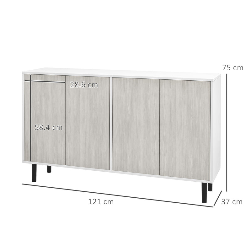 Kitchen Sideboard Storage Cabinet for Living Room with Adjustable Shelves 4 Doors and Pine Wood Legs White