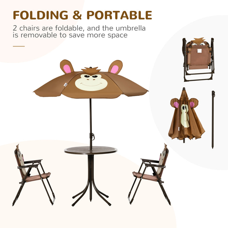 Kids Picnic & Table Chair set, Outdoor Folding Garden Furniture w/ Monkey Design, Removable, Adjustable Sun Umbrella, Ages 3-6 Years - Brown