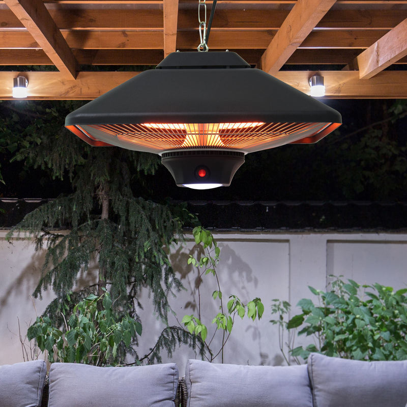2kw Outdoor Hanging Ceiling Mounted Aluminium Halogen Electric Heater LED Garden Patio Warmer w/Remote Control