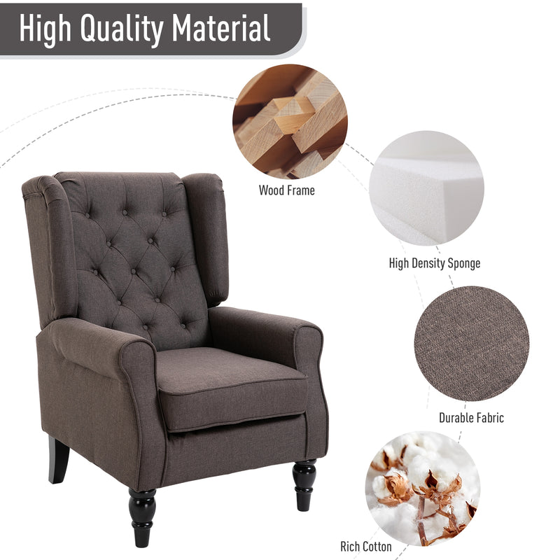 Retro Accent Chair, Wingback Armchair with Wood Frame Button Tufted Design for Living Room Bedroom, Brown