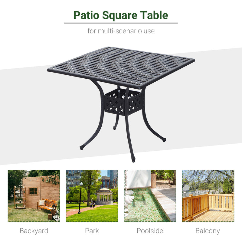 90cm Square Garden Table with Umbrella Hole, Aluminium Grid Motif Outdoor Dining Table for Garden Patio, Black