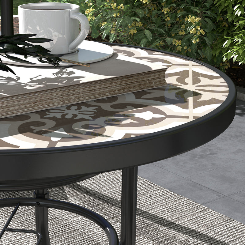 Tempered Glass Top Garden Table with Glass Printed Design, Steel Frame, Foot Pads for Porch, Balcony, Tan Brown