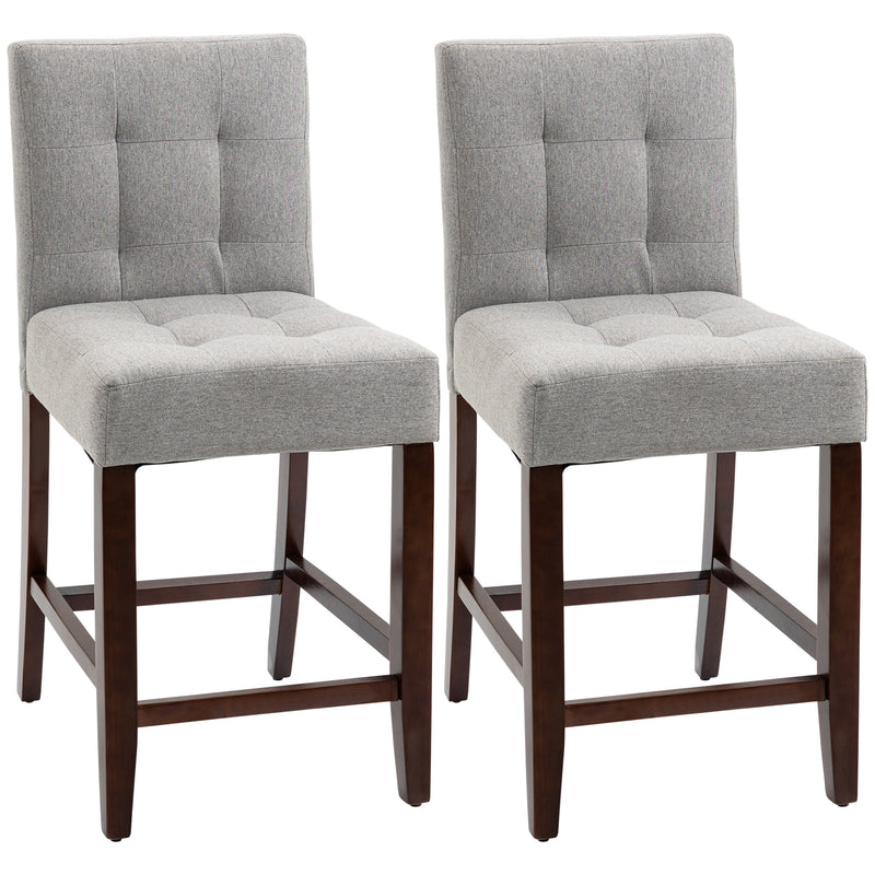 Modern Fabric Bar Stools Set of 2, Thick Padding Kitchen Stool, Bar Chairs with Tufted Back Wood Legs, Grey