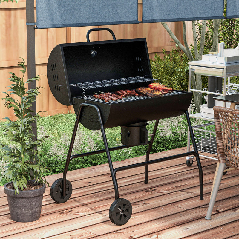 Outdoor Wheeled Barrel Charcoal Barbecue Grill Trolley, Black