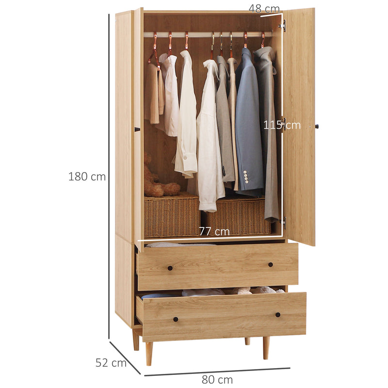 Wardrobe with 2 Doors, 2 Drawers, Hanging Rail for Bedroom Clothes Storage Organiser, 80x52x180cm, Natural Tone