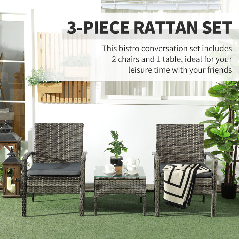 3 Pieces Outdoor Rattan Bistro Set, Patio Wicker Balcony Furniture, Conservatory Sets w/ Coffee Table and Cushioned Chair, Mixed Grey