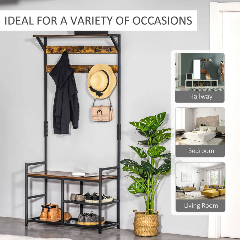 Coat Rack Coat Stand Shoe Storage Bench with 9 Hooks Shelves for Bedroom Living Room Entryway Brown and Black 180cm